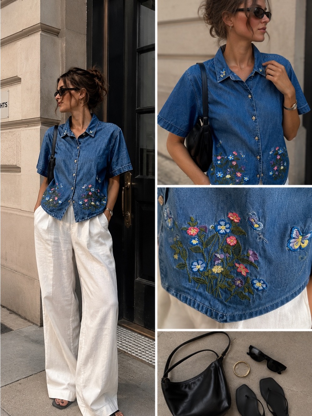 Vintage Bobbie Brooks Embroidered Denim Shirt Floral Butterfly Button Up Large